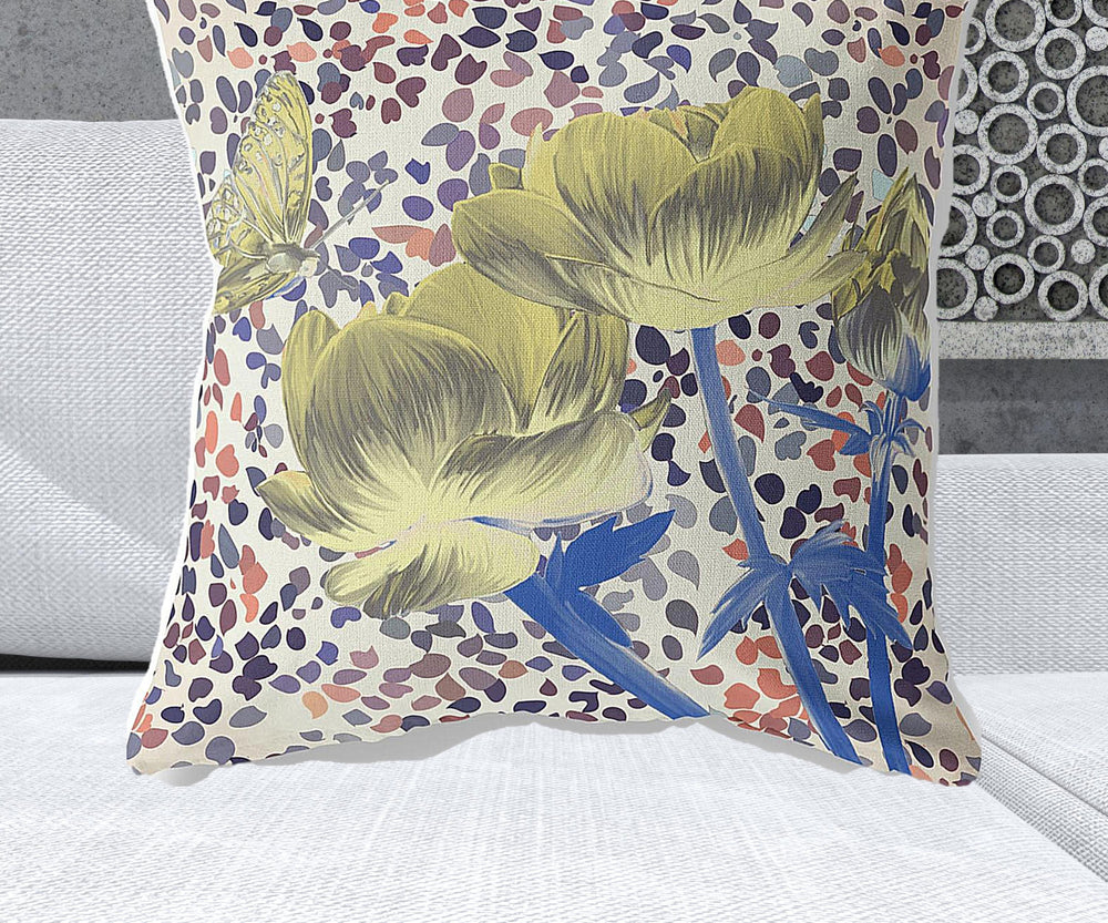 Homeroots 28" X 28" Yellow Butterfly Blown Seam Floral Indoor Outdoor Throw Pillow   481538