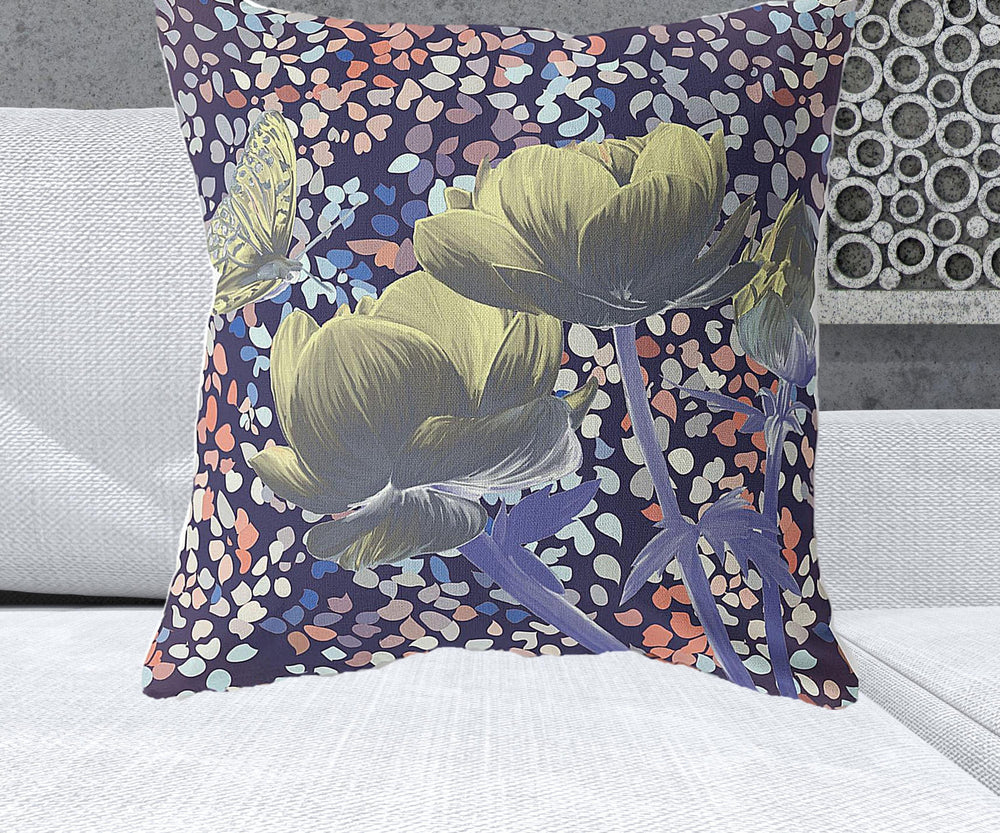 Homeroots 26" X 26" Yellow Butterfly Blown Seam Floral Indoor Outdoor Throw Pillow   481542