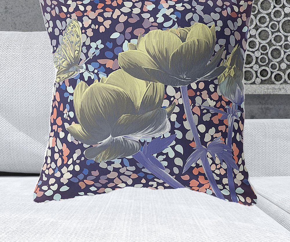 Homeroots 28" X 28" Yellow Butterfly Blown Seam Floral Indoor Outdoor Throw Pillow   481543