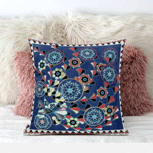 Homeroots 26" X 26" Blue And Off White Peacock Blown Seam Floral Indoor Outdoor Throw Pillow   481557