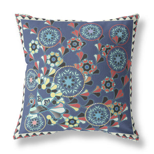 Homeroots 26" X 26" Blue And Off White Peacock Blown Seam Floral Indoor Outdoor Throw Pillow   481557