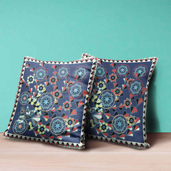 Homeroots 26" X 26" Blue And Off White Peacock Blown Seam Floral Indoor Outdoor Throw Pillow   481557