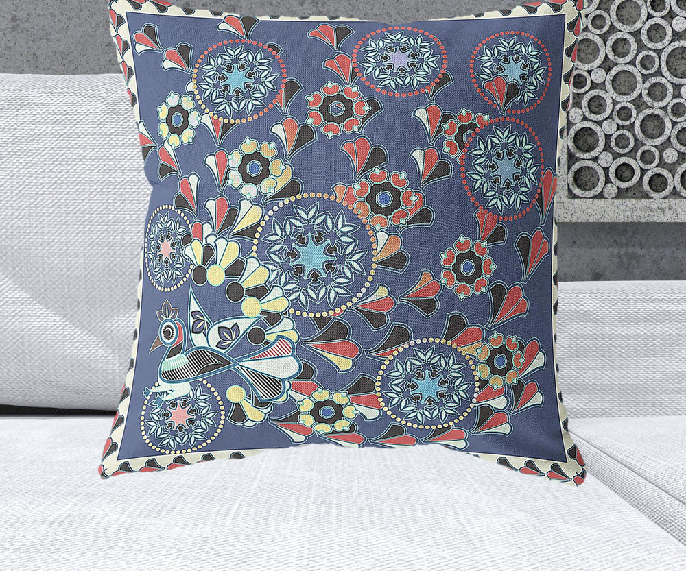 Homeroots 26" X 26" Blue And Off White Peacock Blown Seam Floral Indoor Outdoor Throw Pillow   481557