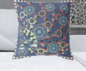 Homeroots 26" X 26" Blue And Off White Peacock Blown Seam Floral Indoor Outdoor Throw Pillow   481557