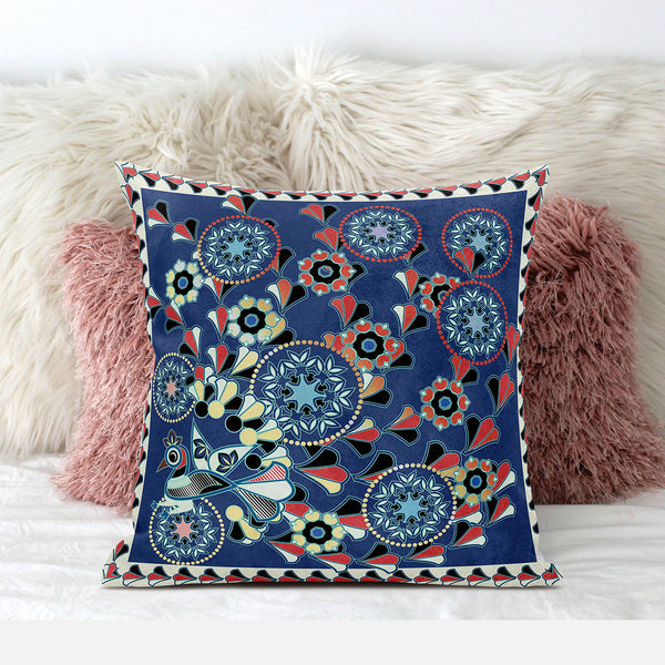 Homeroots 28" X 28" Blue And Off White Peacock Blown Seam Floral Indoor Outdoor Throw Pillow   481558