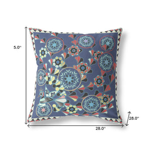 Homeroots 28" X 28" Blue And Off White Peacock Blown Seam Floral Indoor Outdoor Throw Pillow   481558