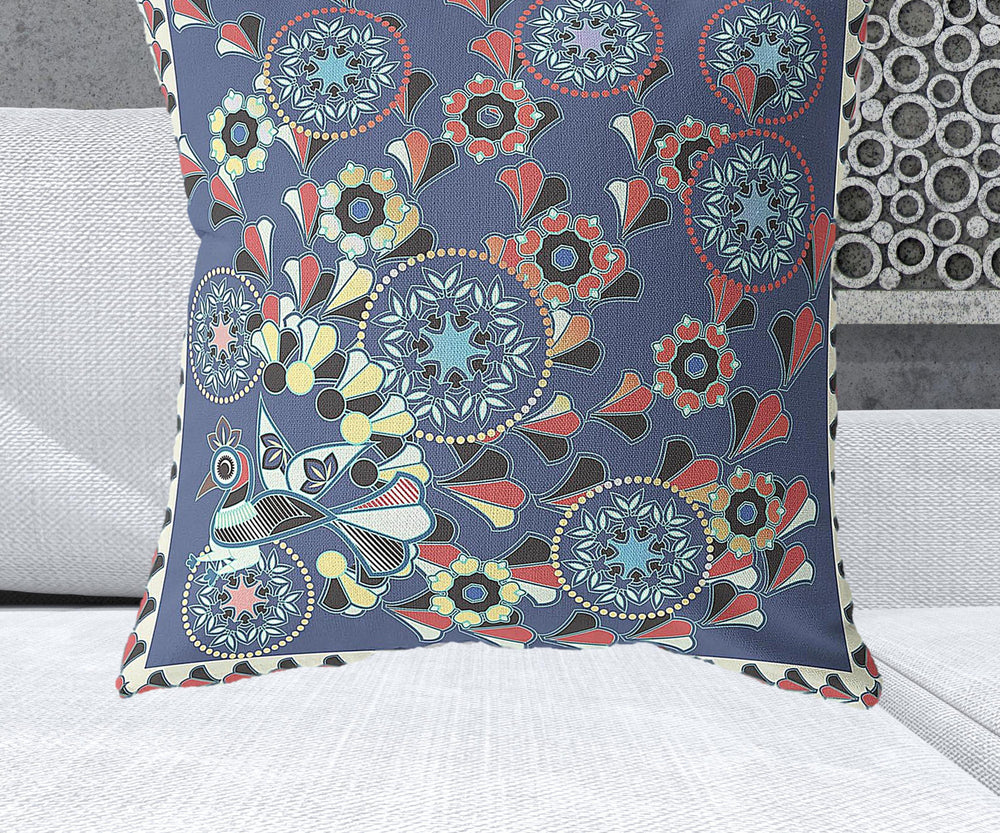 Homeroots 28" X 28" Blue And Off White Peacock Blown Seam Floral Indoor Outdoor Throw Pillow   481558