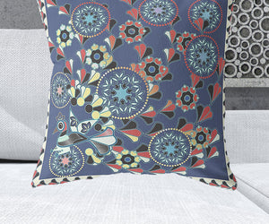 Homeroots 28" X 28" Blue And Off White Peacock Blown Seam Floral Indoor Outdoor Throw Pillow   481558