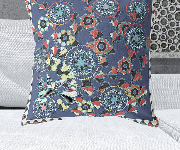 Homeroots 28" X 28" Blue And Off White Peacock Blown Seam Floral Indoor Outdoor Throw Pillow   481558