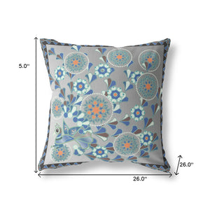 Homeroots 26" X 26" Black And Gray Peacock Blown Seam Floral Indoor Outdoor Throw Pillow   481562
