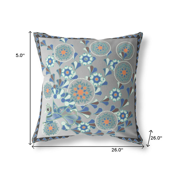 Homeroots 26" X 26" Black And Gray Peacock Blown Seam Floral Indoor Outdoor Throw Pillow   481562