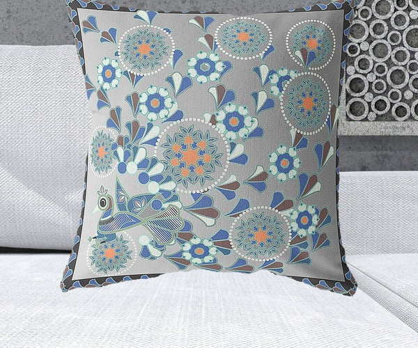 Homeroots 26" X 26" Black And Gray Peacock Blown Seam Floral Indoor Outdoor Throw Pillow   481562