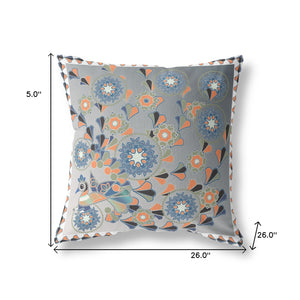 Homeroots 26" X 26" Gray And White Peacock Blown Seam Floral Indoor Outdoor Throw Pillow   481567