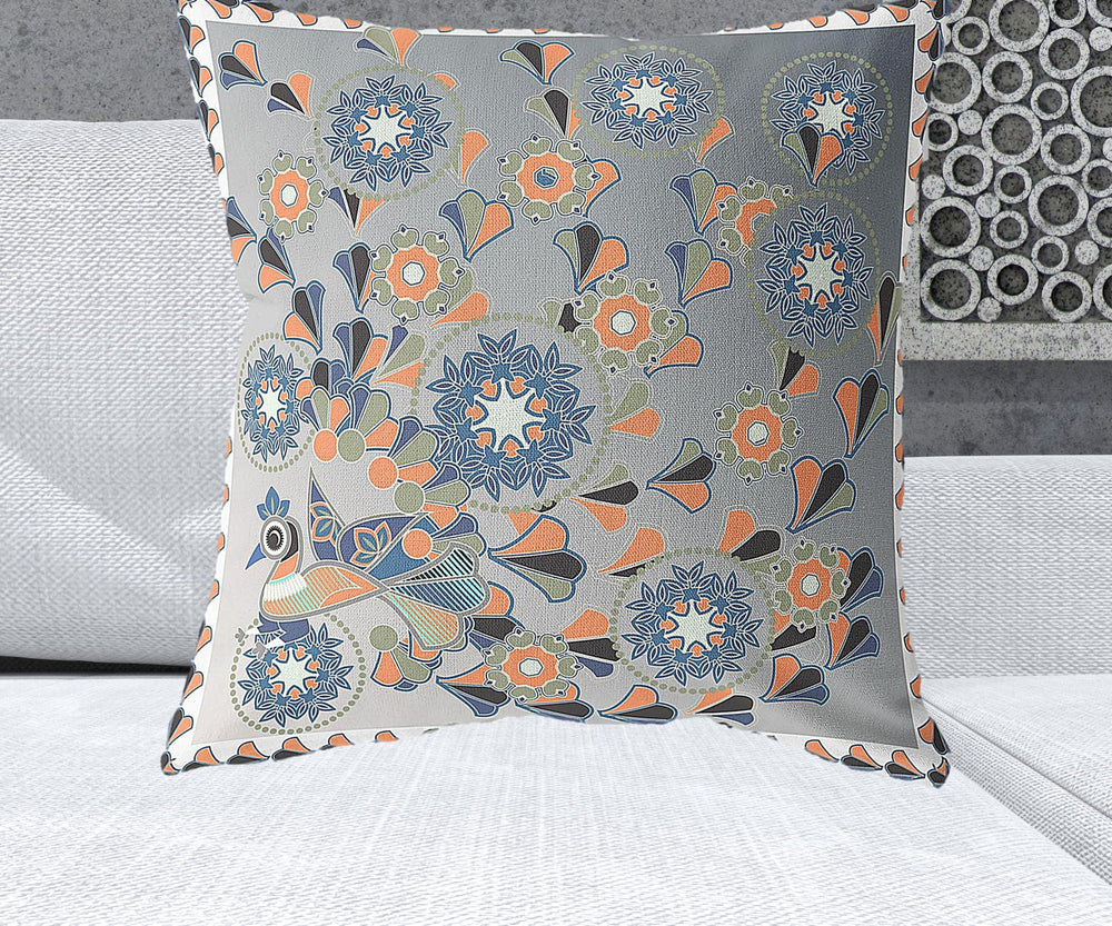 Homeroots 26" X 26" Gray And White Peacock Blown Seam Floral Indoor Outdoor Throw Pillow   481567