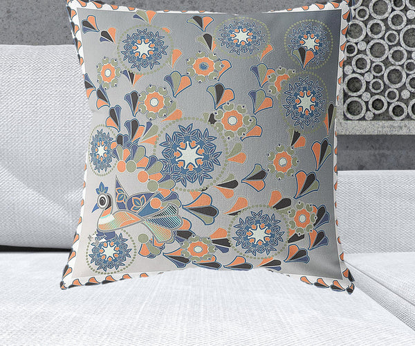 Homeroots 26" X 26" Gray And White Peacock Blown Seam Floral Indoor Outdoor Throw Pillow   481567