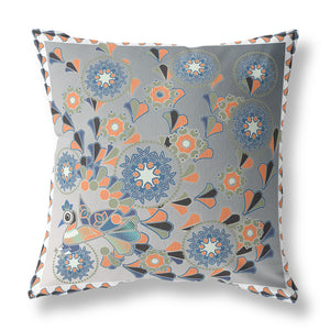 Homeroots 28" X 28" Gray And White Peacock Blown Seam Floral Indoor Outdoor Throw Pillow   481568