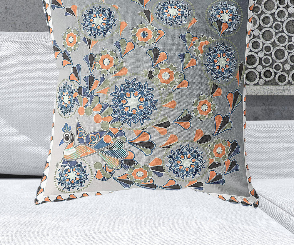 Homeroots 28" X 28" Gray And White Peacock Blown Seam Floral Indoor Outdoor Throw Pillow   481568