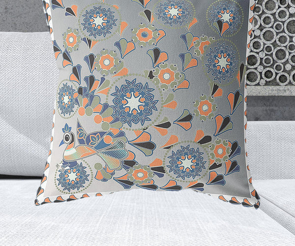 Homeroots 28" X 28" Gray And White Peacock Blown Seam Floral Indoor Outdoor Throw Pillow   481568