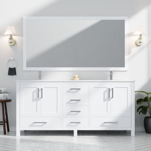 English Elm White Double Bath Vanity 72in W x 22in D with Cultured Marble Top, Chrome Faucet & Large Mirror, Durable B2731S01022