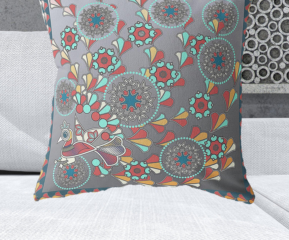 Homeroots 28" X 28" Gray Peacock Blown Seam Floral Indoor Outdoor Throw Pillow   481573