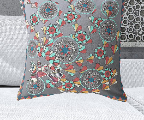 Homeroots 28" X 28" Gray Peacock Blown Seam Floral Indoor Outdoor Throw Pillow   481573
