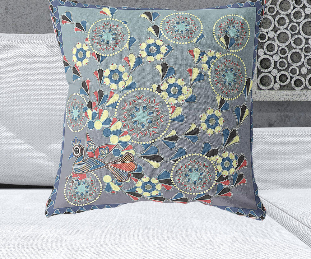 Homeroots 26" X 26" Blue And Gray Peacock Blown Seam Floral Indoor Outdoor Throw Pillow   481577