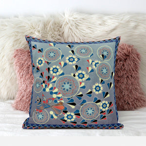 Homeroots 28" X 28" Blue And Gray Peacock Blown Seam Floral Indoor Outdoor Throw Pillow   481578