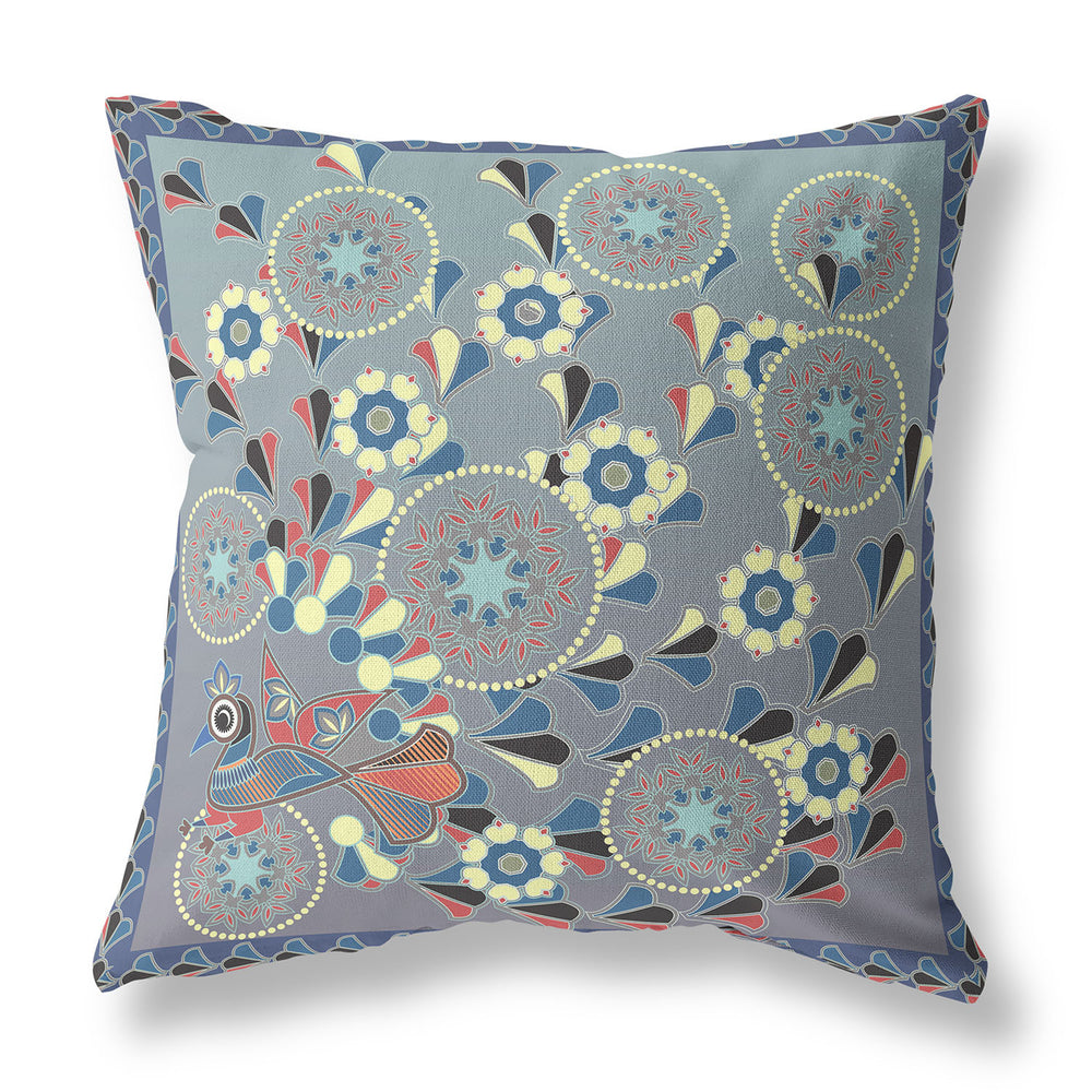 Homeroots 28" X 28" Blue And Gray Peacock Blown Seam Floral Indoor Outdoor Throw Pillow   481578