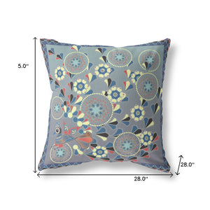 Homeroots 28" X 28" Blue And Gray Peacock Blown Seam Floral Indoor Outdoor Throw Pillow   481578