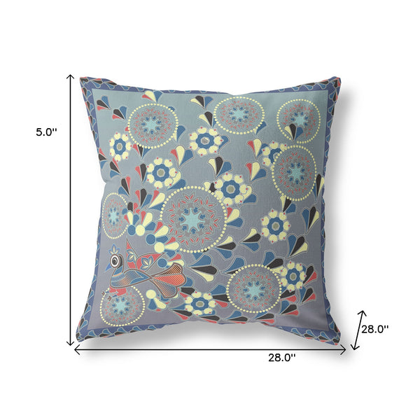 Homeroots 28" X 28" Blue And Gray Peacock Blown Seam Floral Indoor Outdoor Throw Pillow   481578