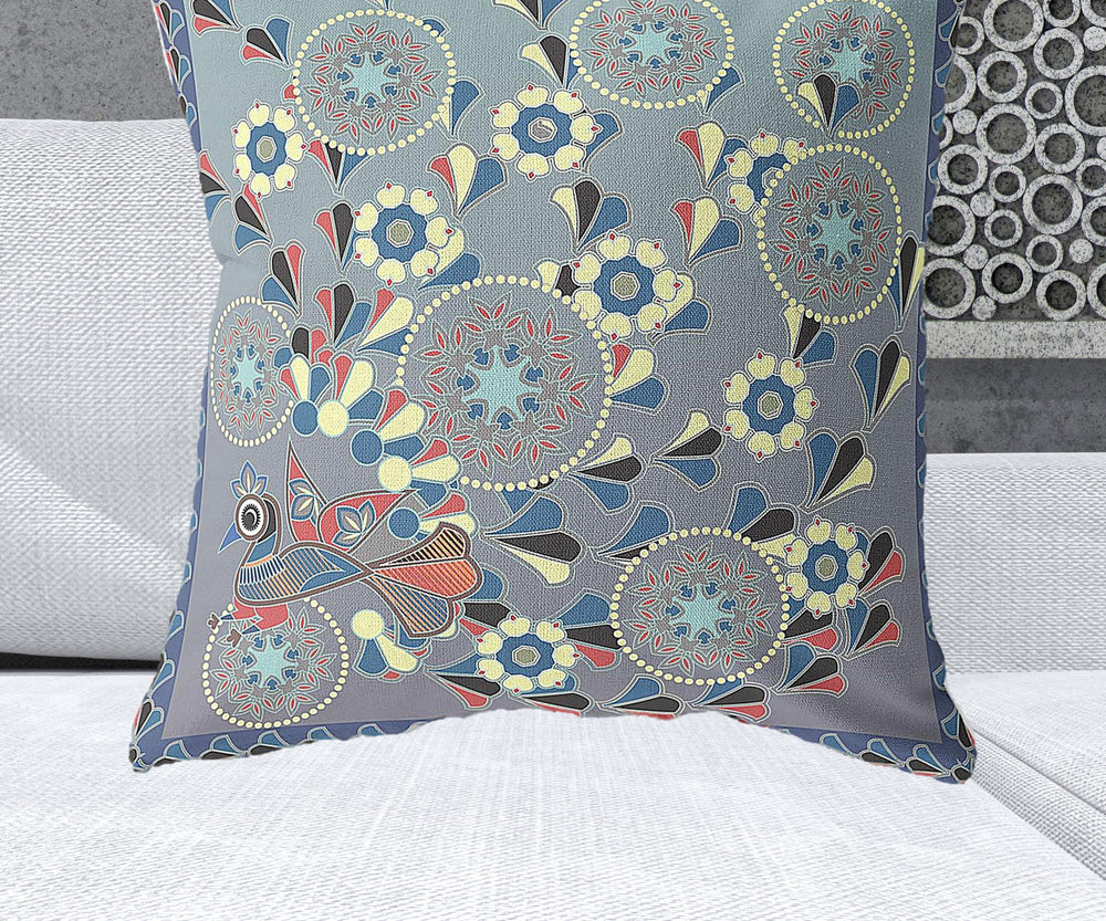 Homeroots 28" X 28" Blue And Gray Peacock Blown Seam Floral Indoor Outdoor Throw Pillow   481578
