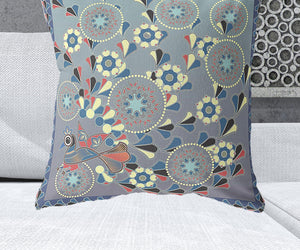 Homeroots 28" X 28" Blue And Gray Peacock Blown Seam Floral Indoor Outdoor Throw Pillow   481578