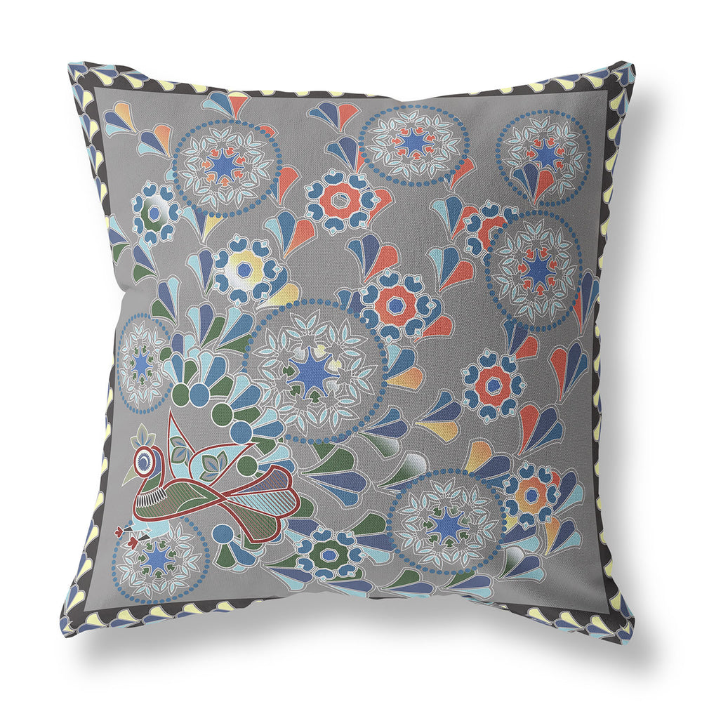 Homeroots 26" X 26" Gray Peacock Blown Seam Floral Indoor Outdoor Throw Pillow   481582