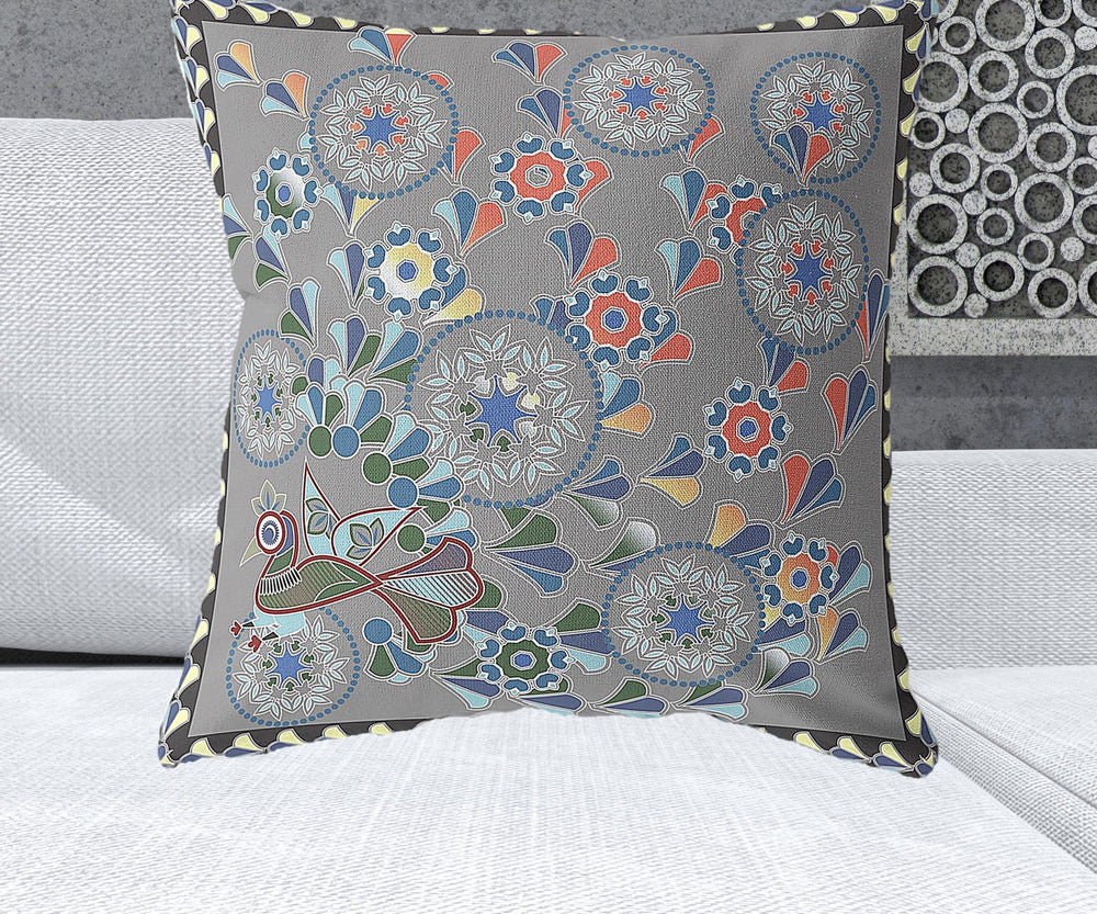 Homeroots 26" X 26" Gray Peacock Blown Seam Floral Indoor Outdoor Throw Pillow   481582