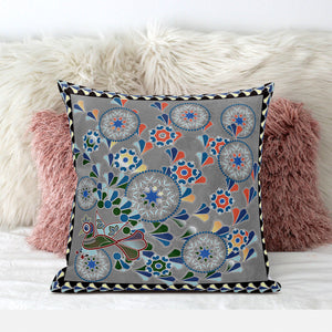 Homeroots 28" X 28" Gray Peacock Blown Seam Floral Indoor Outdoor Throw Pillow   481583