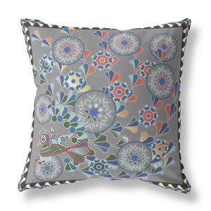 Homeroots 28" X 28" Gray Peacock Blown Seam Floral Indoor Outdoor Throw Pillow   481583