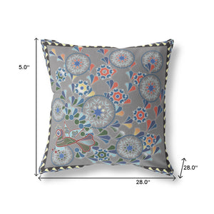 Homeroots 28" X 28" Gray Peacock Blown Seam Floral Indoor Outdoor Throw Pillow   481583