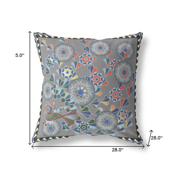 Homeroots 28" X 28" Gray Peacock Blown Seam Floral Indoor Outdoor Throw Pillow   481583