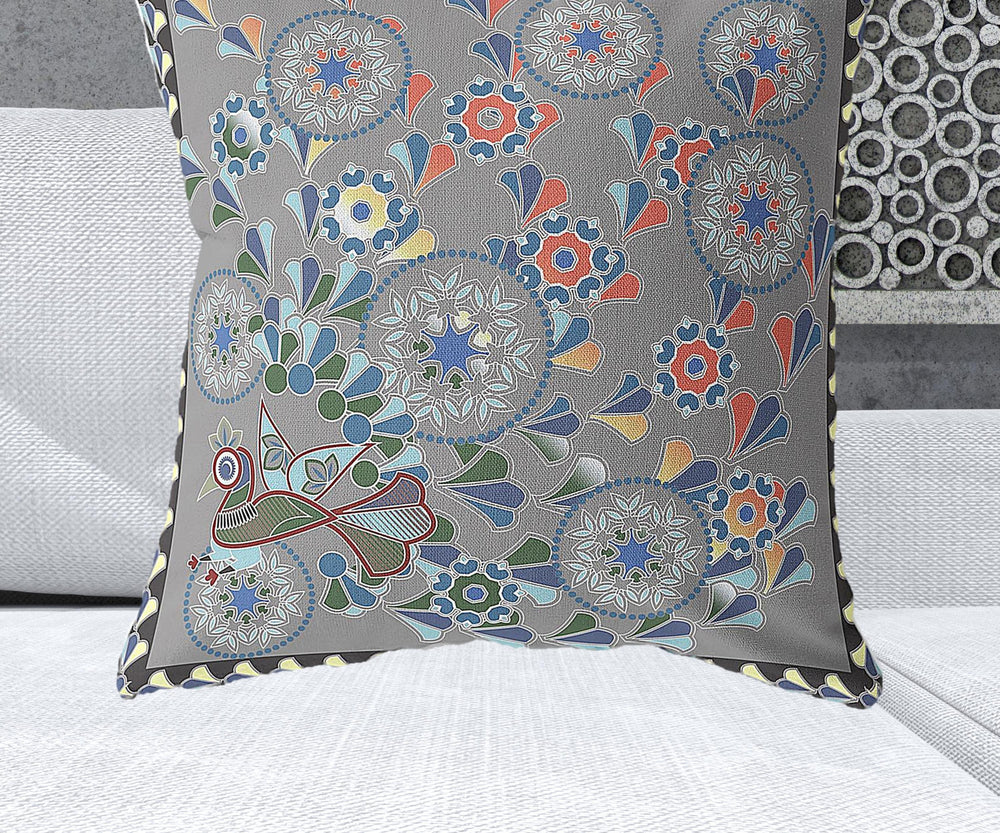 Homeroots 28" X 28" Gray Peacock Blown Seam Floral Indoor Outdoor Throw Pillow   481583