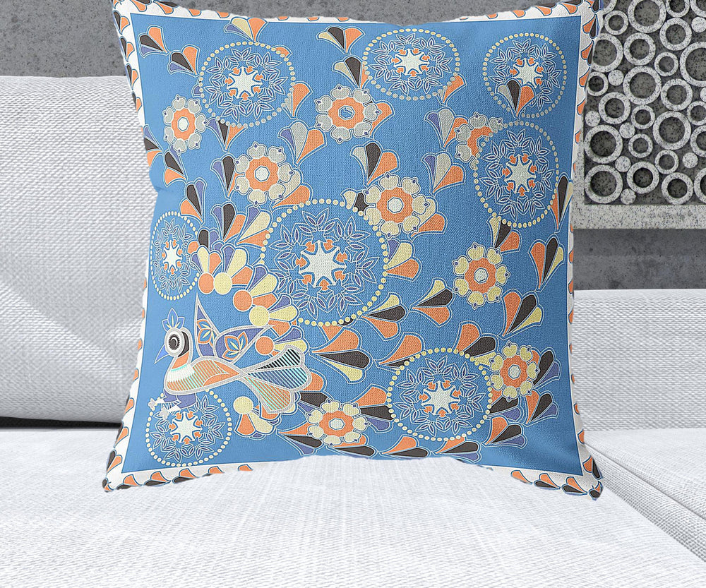 Homeroots 26" X 26" Blue And Orange Peacock Blown Seam Floral Indoor Outdoor Throw Pillow   481587