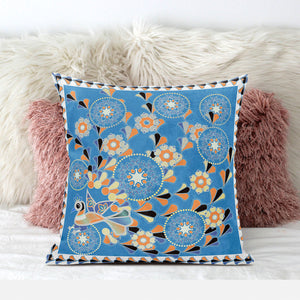 Homeroots 28" X 28" Blue And Orange Peacock Blown Seam Floral Indoor Outdoor Throw Pillow   481588