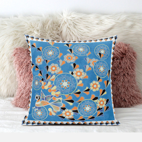 Homeroots 28" X 28" Blue And Orange Peacock Blown Seam Floral Indoor Outdoor Throw Pillow   481588