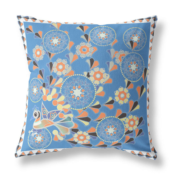 Homeroots 28" X 28" Blue And Orange Peacock Blown Seam Floral Indoor Outdoor Throw Pillow   481588