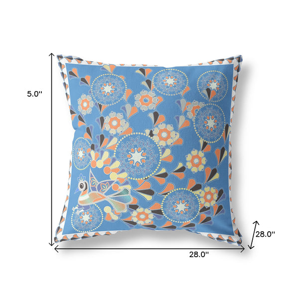Homeroots 28" X 28" Blue And Orange Peacock Blown Seam Floral Indoor Outdoor Throw Pillow   481588