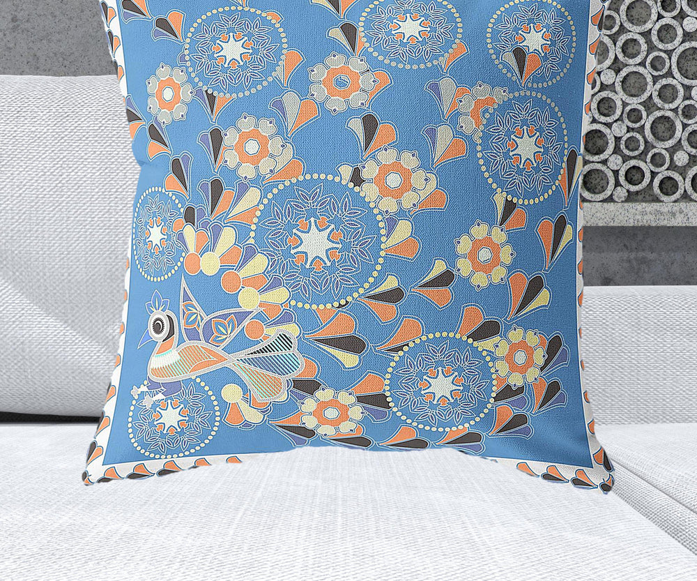 Homeroots 28" X 28" Blue And Orange Peacock Blown Seam Floral Indoor Outdoor Throw Pillow   481588