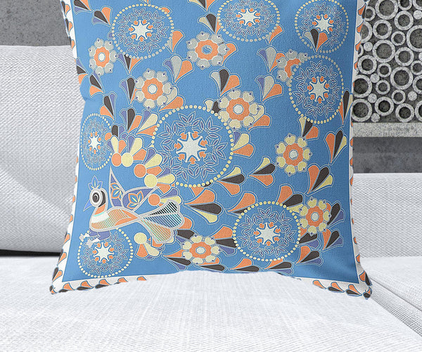 Homeroots 28" X 28" Blue And Orange Peacock Blown Seam Floral Indoor Outdoor Throw Pillow   481588