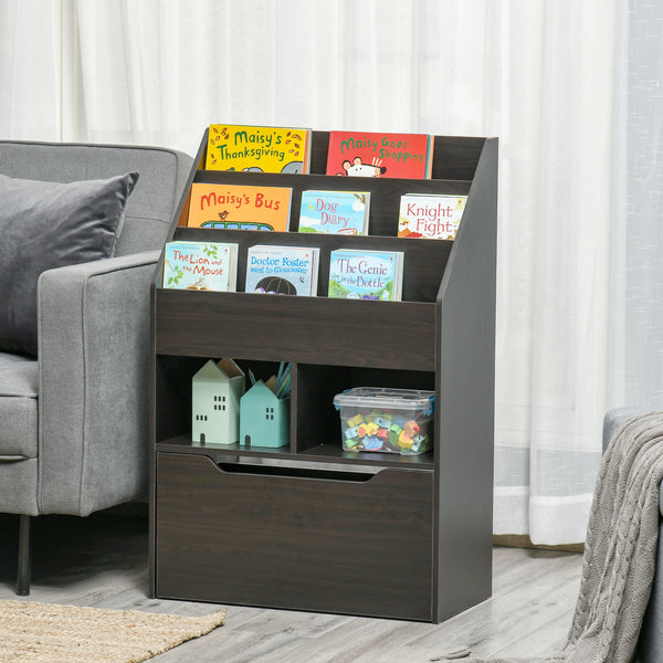 English Elm HOMCOM Kids Bookcase with Drawer & Anti-Tip Design, 3-Tier Shelf Organizer for Toys & Books Brown W2225P217319