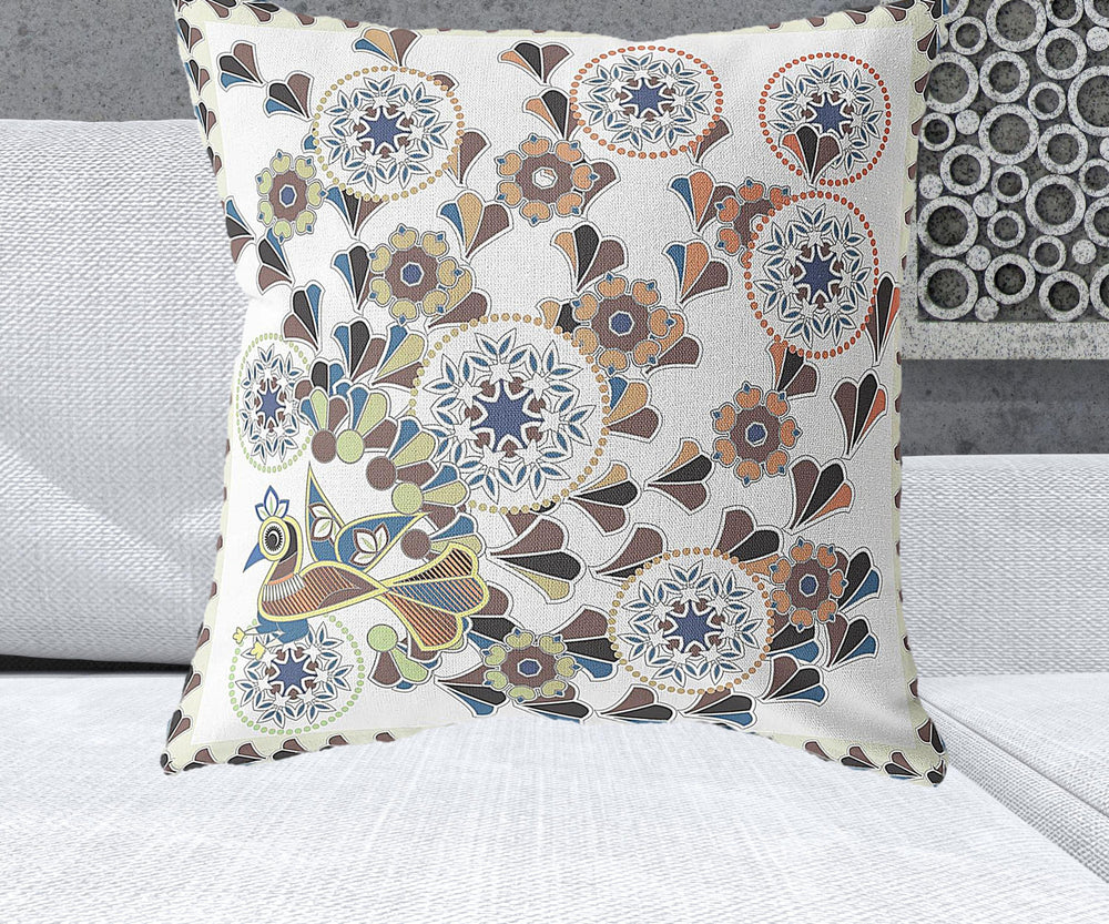 Homeroots 26" X 26" Off White Peacock Blown Seam Floral Indoor Outdoor Throw Pillow   481612
