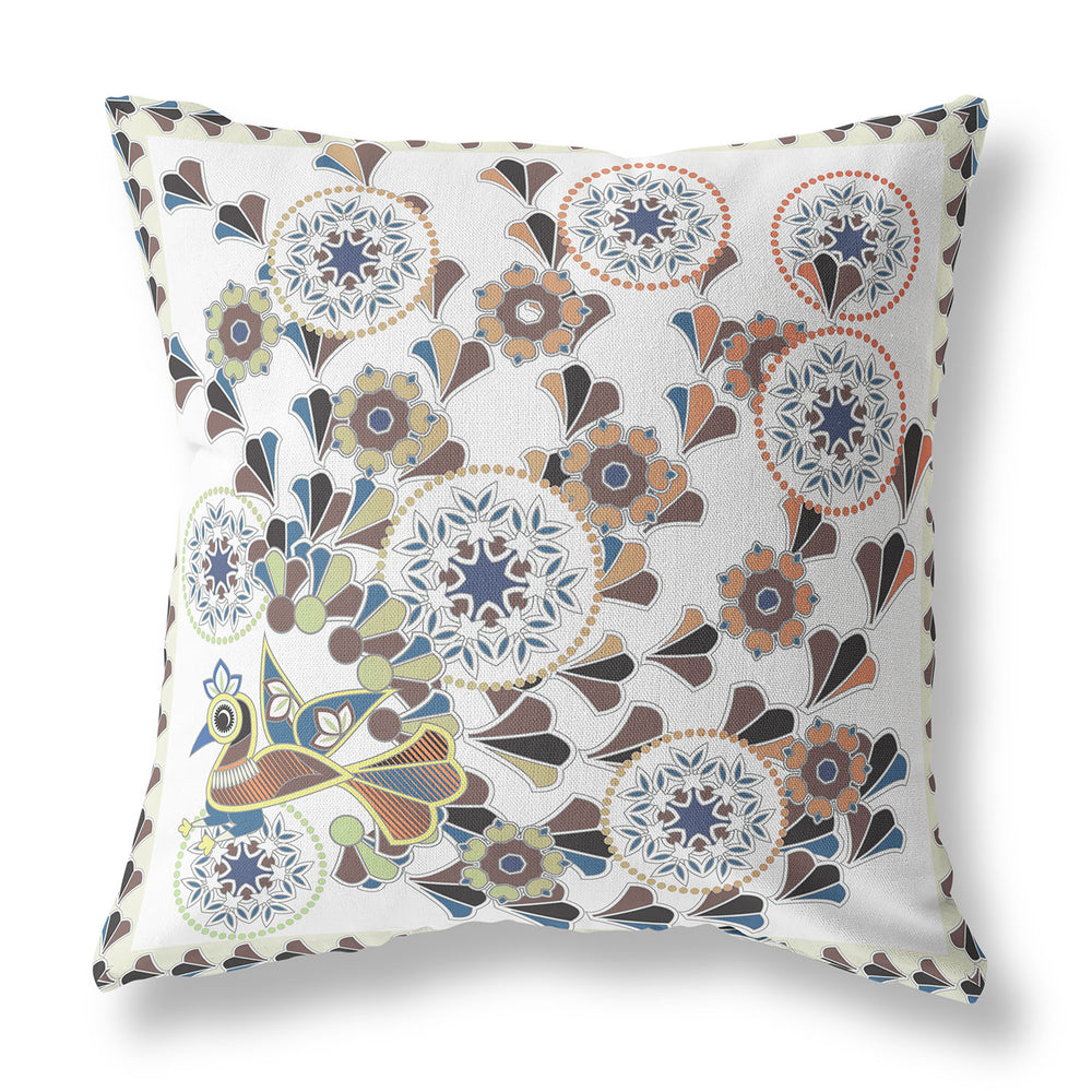 Homeroots 28" X 28" Off White Peacock Blown Seam Floral Indoor Outdoor Throw Pillow   481613