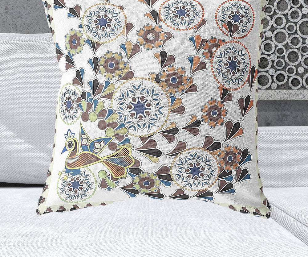 Homeroots 28" X 28" Off White Peacock Blown Seam Floral Indoor Outdoor Throw Pillow   481613